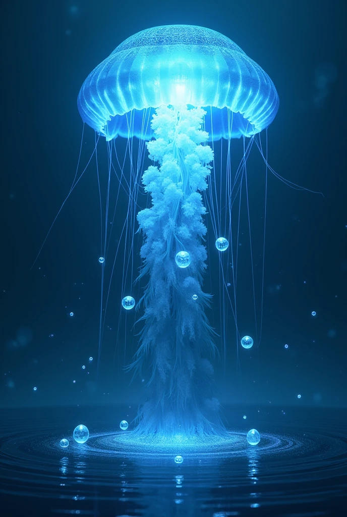 A large blue glowing jellyfish flying above the water.
Glowing water balls fly around the jellyfish