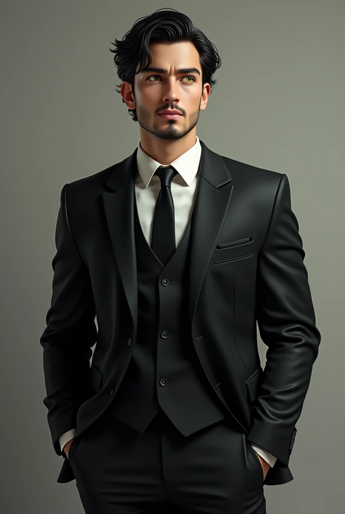 Write 5 detailed prompts (no more than 50 words) composed according to the rules - describing any topic, subject, action. Neural network: Make to me a men, caucasian, black hair, age 22, eyes green-wellow, with a black suit, a little overweight and with a goatee.. Query topic: Just the man.