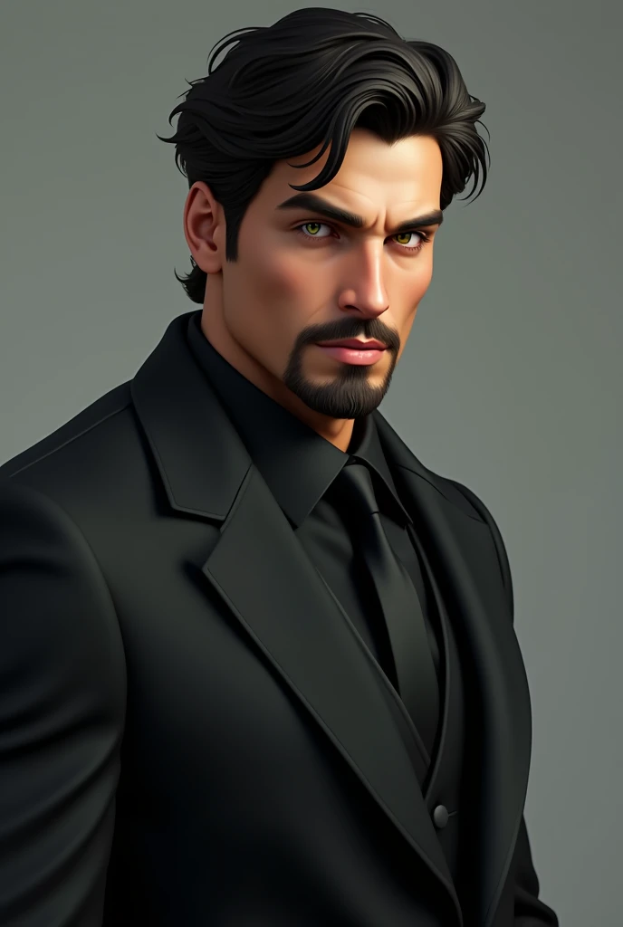 Write 5 detailed prompts (no more than 50 words) composed according to the rules - describing any topic, subject, action. Neural network: Make to me a men, caucasian, black hair, age 22, eyes green-wellow, with a black suit, a little overweight and with a goatee.. Query topic: Just the man.