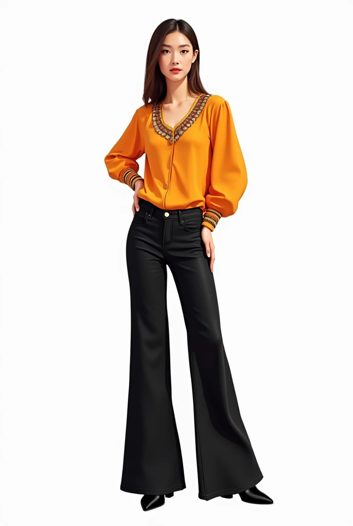2D style clothes from a top and wide, black jeans, all on a white background