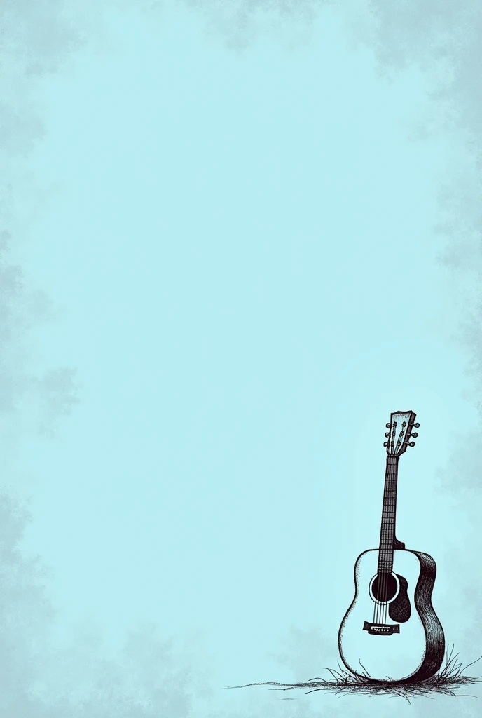 A paper based blue background.
A black and white unfinished drawing of a guitar on it. The guitar is on the right centre of the picture.the size of the guitar is small