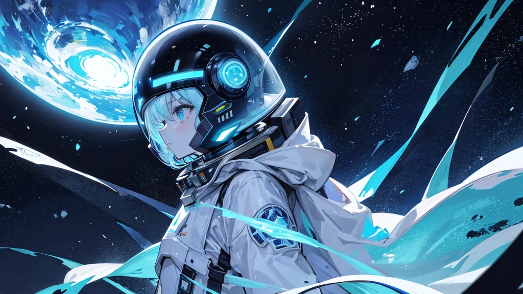 A futuristic astronaut floating in space, surrounded by stars, galaxies, and glowing nebulae. The astronaut's suit is sleek, with lights and digital displays. Their helmet reflects the vastness of space, with planets and distant moons in the background. The astronaut’s eyes are visible through the helmet, glowing with a soft, otherworldly light, and they have a determined expression.