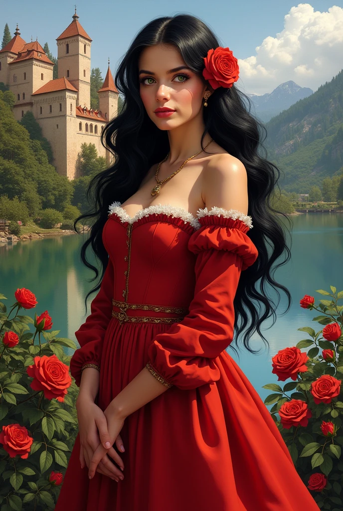 A beautiful woman standing next to a lake and a castle with roses, black wavy hair, with green eyes and a red dress from the time of 1472 with a rose in her hair called Priscila Herculano de Highlander Silva 