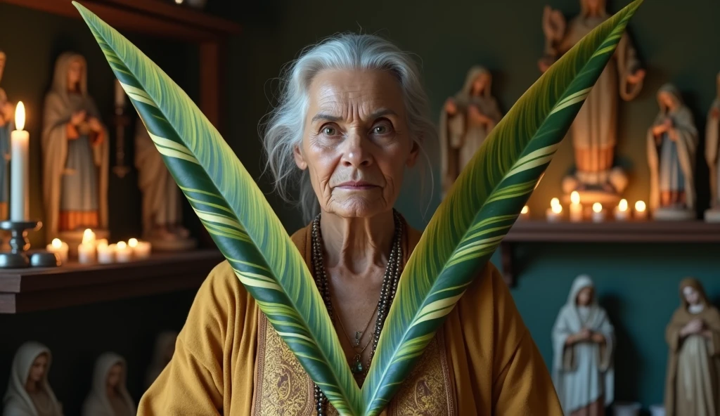 ultra realistic Brazilian northeastern elderly woman healer with two long plants in the shape of thin spears, crossing like an x in front of your chest. The plant is green with light green and dark green stripes throughout with a yellowish edge.. In the background, a house with a shelf with saints and many lit candles.. convey depth. detail of the plants are horizontally striped, light green and dark green, with yellow leaf edges, imitating the plant Sansevieria trifasciata, The woman wears beautiful, elegant mystical clothes and has a serious and firm face. Behind her we have candles and images of saints and Christ..