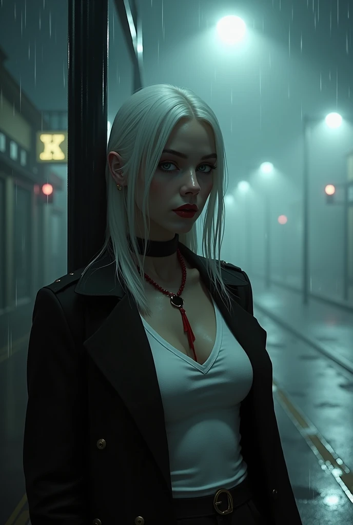 High quality, dark and mysterious foggy cityscape at night, illuminated by a soft glow of white streetlights. Rain glistening under the streetlight and on the wet pavement and reflecting the lights like a mirror. The misty atmosphere veils a dark and moody feels with a single mysterious vampire female leaning against the street light wearing a long black slim coat, short white low v neck t-shirt, exposing cleavage, long red gothic necklace. porcelain white skin with a few freckles. beautiful white silky long straight (Straight) hair with red tips, bright blood color lipstick, beautiful, luring, tall in height, slim, with a cinematic and moody tone, luring you in with her stance of wanting you, invoking a sense of scary and dark look.
