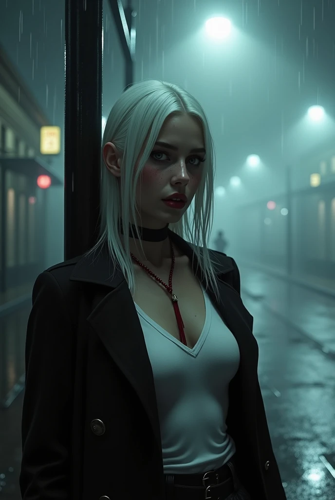 High quality, dark and mysterious foggy cityscape at night, illuminated by a soft glow of white streetlights. Rain glistening under the streetlight and on the wet pavement and reflecting the lights like a mirror. The misty atmosphere veils a dark and moody feels with a single mysterious vampire female leaning against the street light wearing a long black slim coat, short white low v neck t-shirt, exposing cleavage, long red gothic necklace. porcelain white skin with a few freckles. beautiful white silky long straight (Straight) hair with red tips, bright blood color lipstick, beautiful, luring, tall in height, slim, with a cinematic and moody tone, luring you in with her stance of wanting you, invoking a sense of scary and dark look.