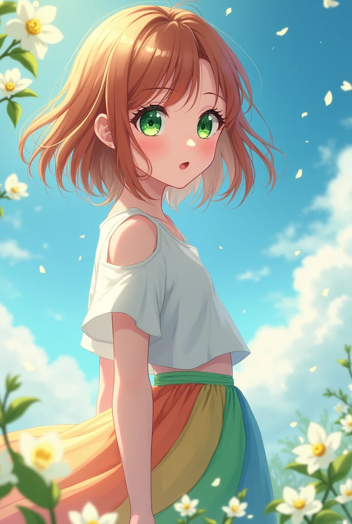 a girl, brown-red hair with side parting medium length, green eyes, colorful skirt and a white top, looks like in Anime blue spring ride