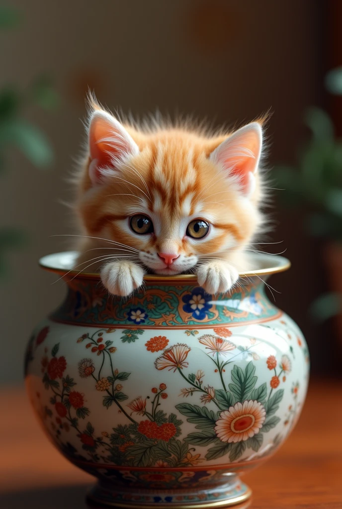 a cute kitten peeping out of an antique chinese vase, detailed fur texture, reflection on vase, soft warm lighting, intricate vase patterns, porcelain vase, detailed painting, subtle bokeh, photorealistic, cinematic lighting, digital art, masterpiece, 8k
