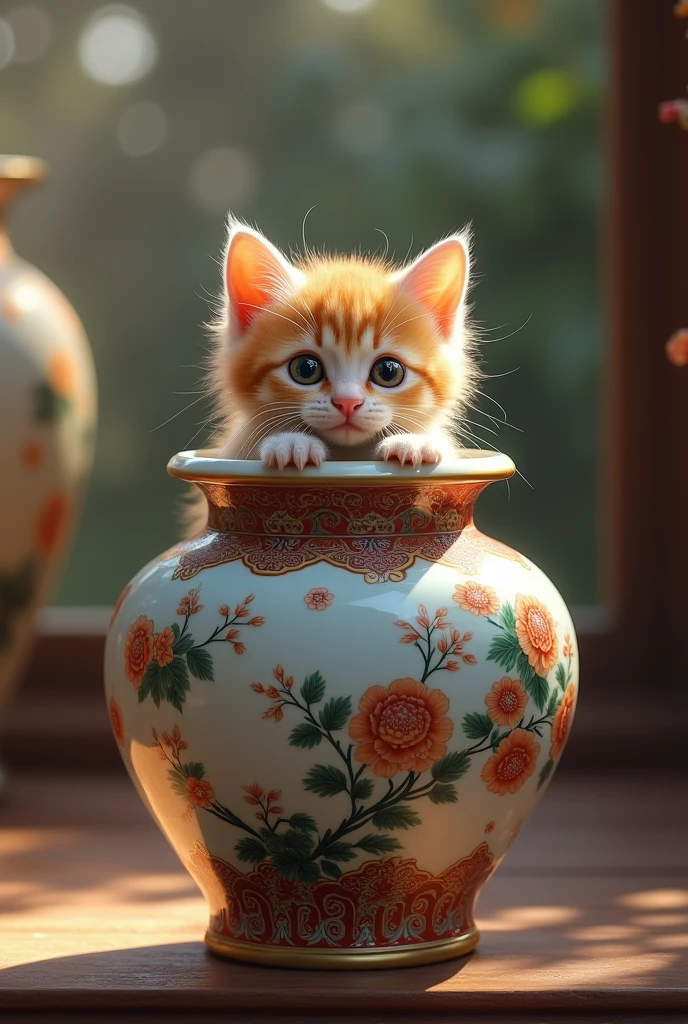 a cute kitten peeping out of an antique chinese vase, detailed fur texture, reflection on vase, soft warm lighting, intricate vase patterns, porcelain vase, detailed painting, subtle bokeh, photorealistic, cinematic lighting, digital art, masterpiece, 8k