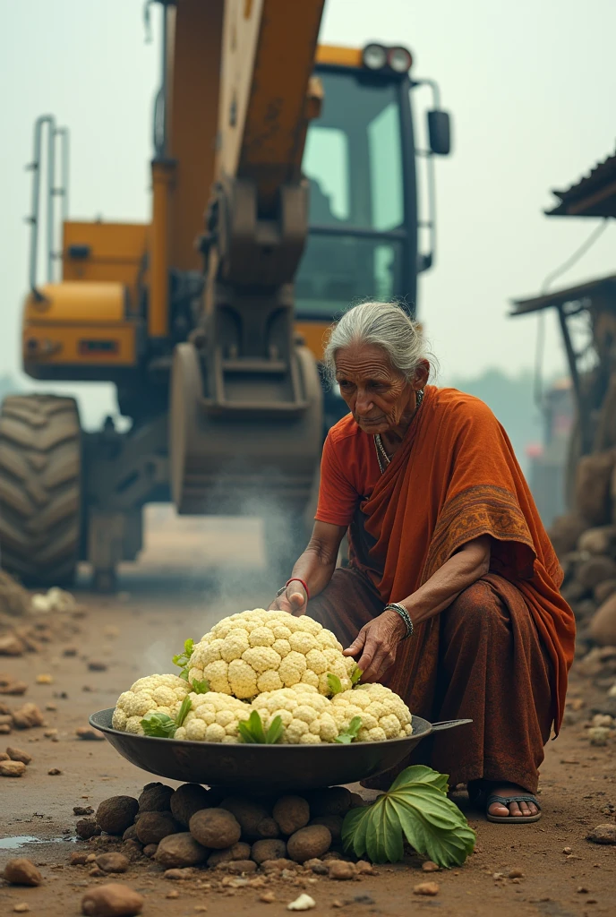 A Indian old poor woman is making a phool Gobi big JCB watching people