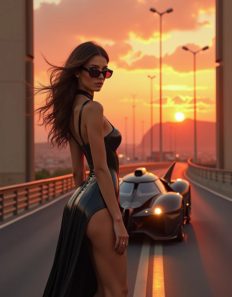 A stunning, hyper-realistic woman with brunette long hairshowin her natm9bike n и black Batmobile ,(masterpiece, Best Quality, High resolution, 32K HDR)), (Perfect portrait of trinity00:1.15), (black body suit:1.1, realistic Trinity sunglasses:1.1), Ultra detailed eyes, hyper derailed face, Detailed mouth, Detailed skin texture, (Atmospheric lighting), Shot with Aricum LT camera, ( on the highway:1.1, Huge breasts:1.15),