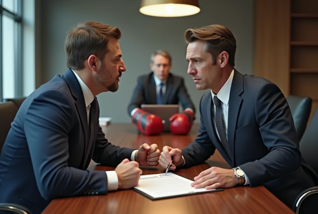 Realism, style realism 1. picture 1: Two businessmen in suits stand opposite each other in an office, with serious faces. One of them says: "Let&#39;s solve this like men.!"
2. picture 2: They both take off their jackets and put on boxing gloves..
3. picture 3: In the next frame they are already in the ring., but instead of hitting, they just sign a contract, and the judge looks at them with bewilderment.
4. Picture 4: signature: "When negotiations become too tense!"