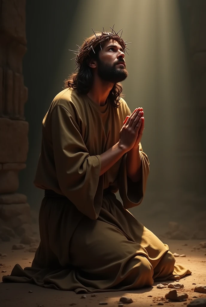 A depiction of Jesus Christ kneeling in prayer, wearing a crown of thorns. He is positioned on his knees, with his hands clasped in front of him, looking upwards as if seeking divine guidance. His expression reflects a deep sense of devotion and humility. The background is subdued, with soft lighting focusing on Jesus, casting a gentle glow around him. His robes are simple, in earthy tones, and the scene is serene and solemn, evoking a powerful sense of reverence and contemplation.