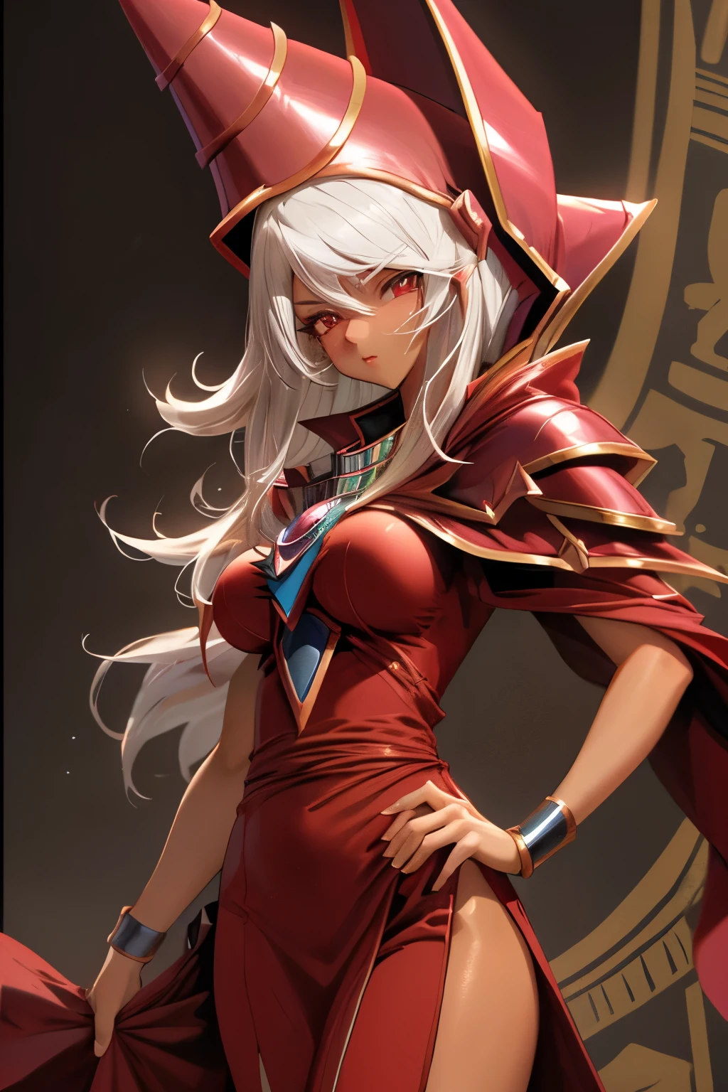 (masterpiece), (dark magician girl), (long hair, white hair), (detailed eyes), (red eyes), (tan skin), (red robes), (detailed face), (perfect body), (big breasts), (coquettish), (egyptian background), (high quality), (4k), (ultra high quality), award winning ai art
