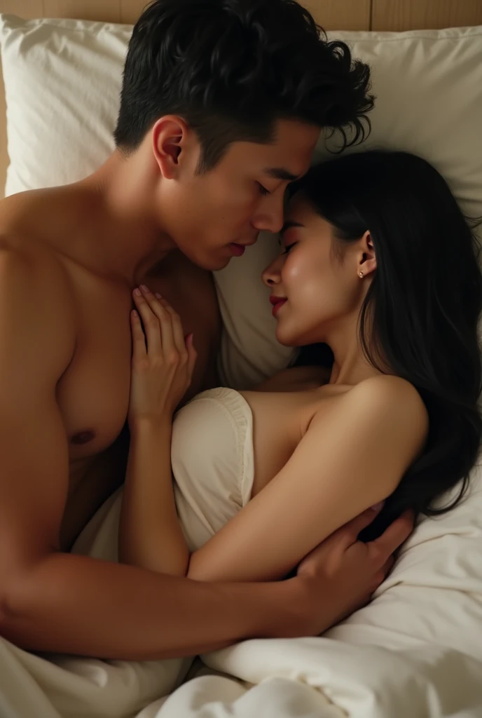 Stylish photography,A handsome Sundanese man with a thin, athletic body,naked,short black curly hair,sitting on the bed pressing down on the chest squeezing in front of a beautiful Korean woman,long black hair,ideal shapely body,compact chest ideal,naked mesra berbaring di bawah si pria ,make love warmly,Realistic detailed photography.best quality,8k hd.
