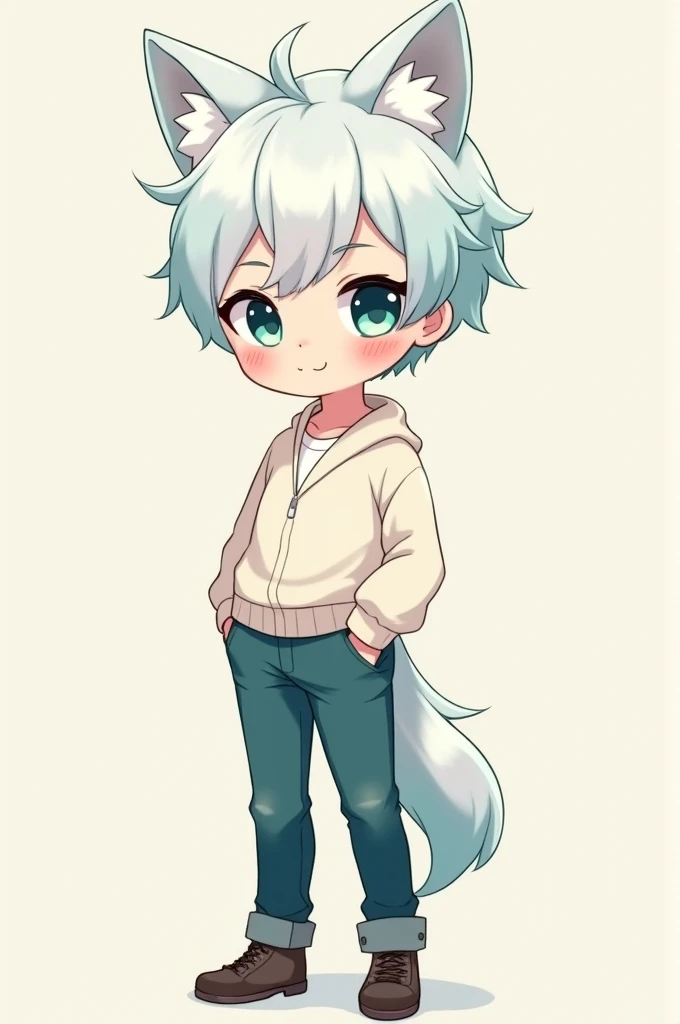 Cute white and cyan medium haired wolfcut anime boy
