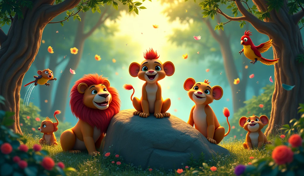 : A festive scene in the jungle, with all the animals celebrating. Hamza is sitting on a large rock, smiling happily, surrounded by his animals. Sheru, the lion, is lying down beside him, looking relaxed. Chinku, the monkey, is swinging from a tree vine, while Raju, the elephant, is playfully spraying water from his trunk. Mithu, the parrot, is singing from a high branch. Other jungle animals like deer, birds, and small mammals are also present, enjoying the celebration. The trees are full of leaves, flowers are blooming, and the sunlight is


photo realastic vivid,neon,dramatic.cinamtic lighting, renderless
