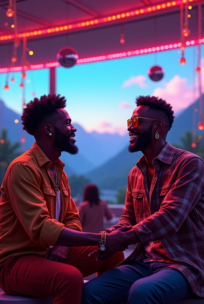 Two black guys at the disco having fun looking at the landscape thinking about their successes