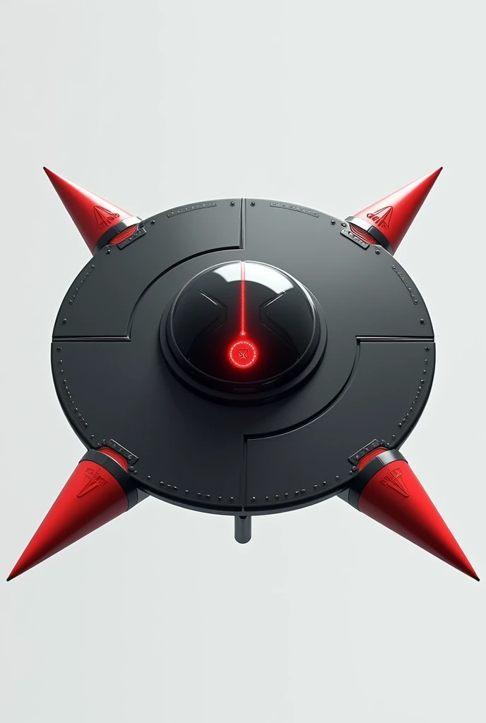 Flying machine, round and flat black, with 4 red, horizontal cone-shaped spikes, 3D 