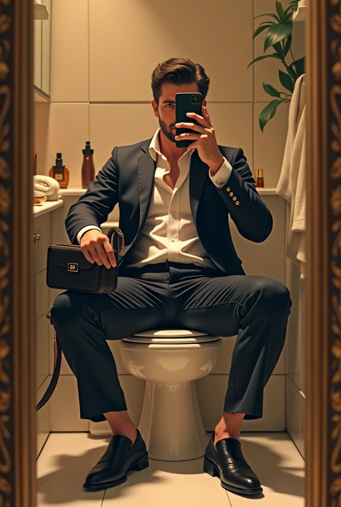 Concept: A person with their pants down, seated on a toilet, taking a selfie with one hand while holding a designer handbag in the other. The bathroom is filled with luxury products, all of which are still tagged with prices, emphasizing their role as status symbols rather than functional items.