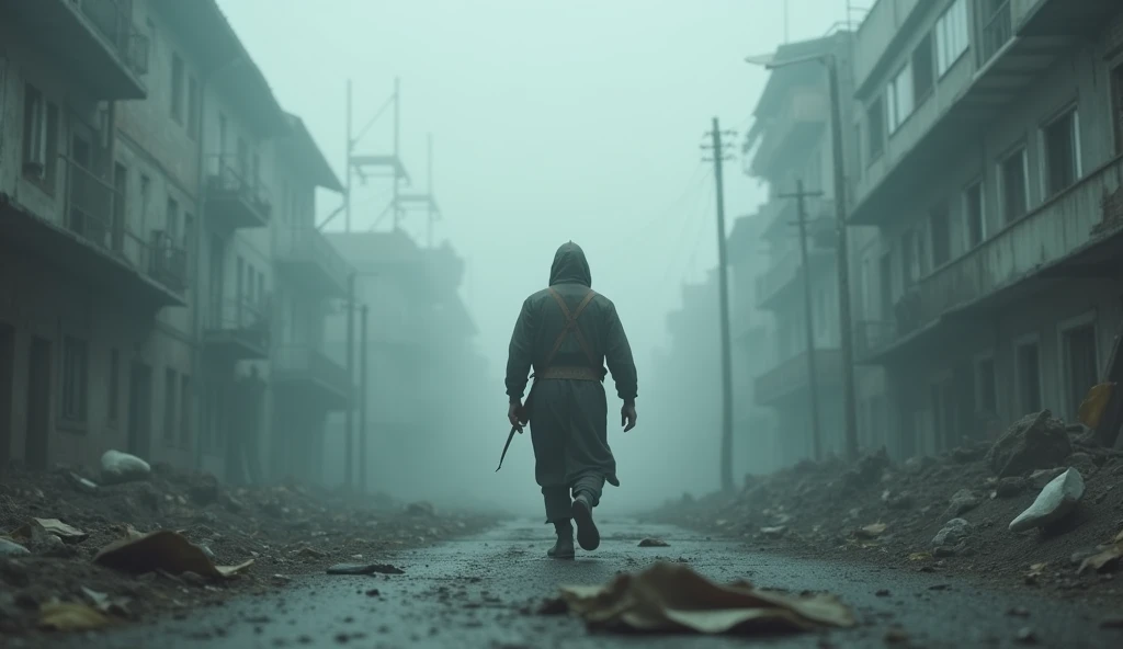 "A figure moving confidently through a dark and foggy environment, avoiding unseen dangers, simple yet protective clothing, the setting is a deserted, plague-stricken city, with fog enveloping the area and eerie shadows, the scene evokes resilience amidst adversity, hyper-realistic, photo realism, cinematography -- ar 16:9."