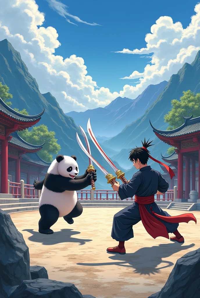 Three swords anime boy fighting with kngfu pandarl in ring like china houses in mountain valley regionb