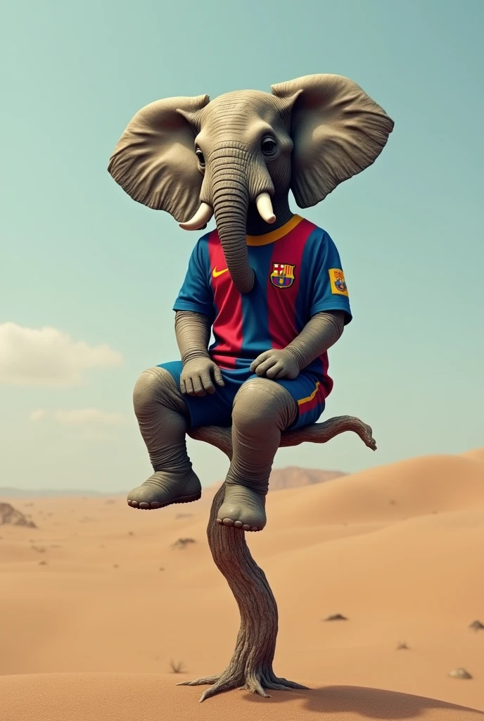 An elephant wearing barcelona jersey sitting like human on a long vertical  slim branch of a long dry tree in desert
