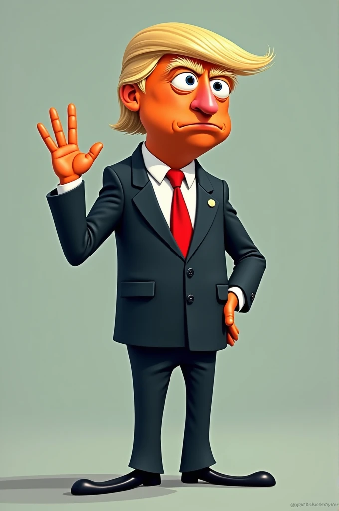 A cartoonized meme Kermit the frog with a detailed face of Donald trump standing straight and with a Hand gesture number 4 sign and his wearing a Black suit and red tie