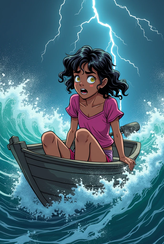 A young teenage girl with tanned skin, yellow eyes and curly hair inside a boat with rough seas and strong flashes in the sky due to the storm, she has expressions of fear and despair, The sea water is crystal clear, She is wearing a short pink blouse and pink flip-flops, I want colors that convey suspense and panic, comic book style.