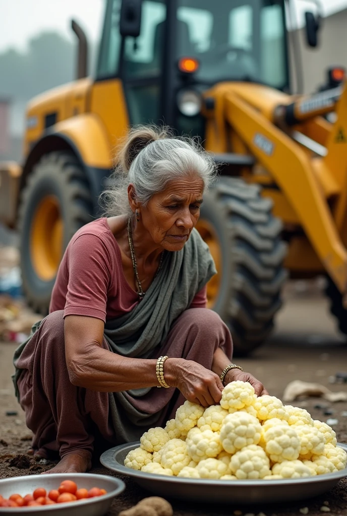 A Indian old poor woman  is making a big phool Gobi JCB watching people 