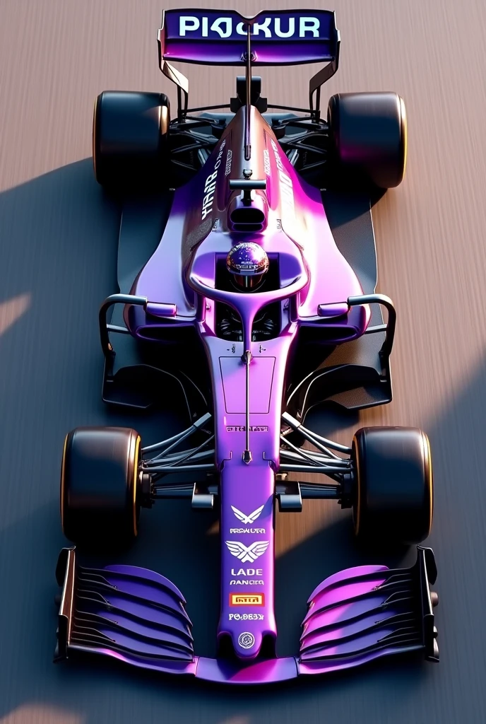 Create an F1 car with dark purple colors, black and silver, the logo of a phoenix and it can be seen from the perspective above 