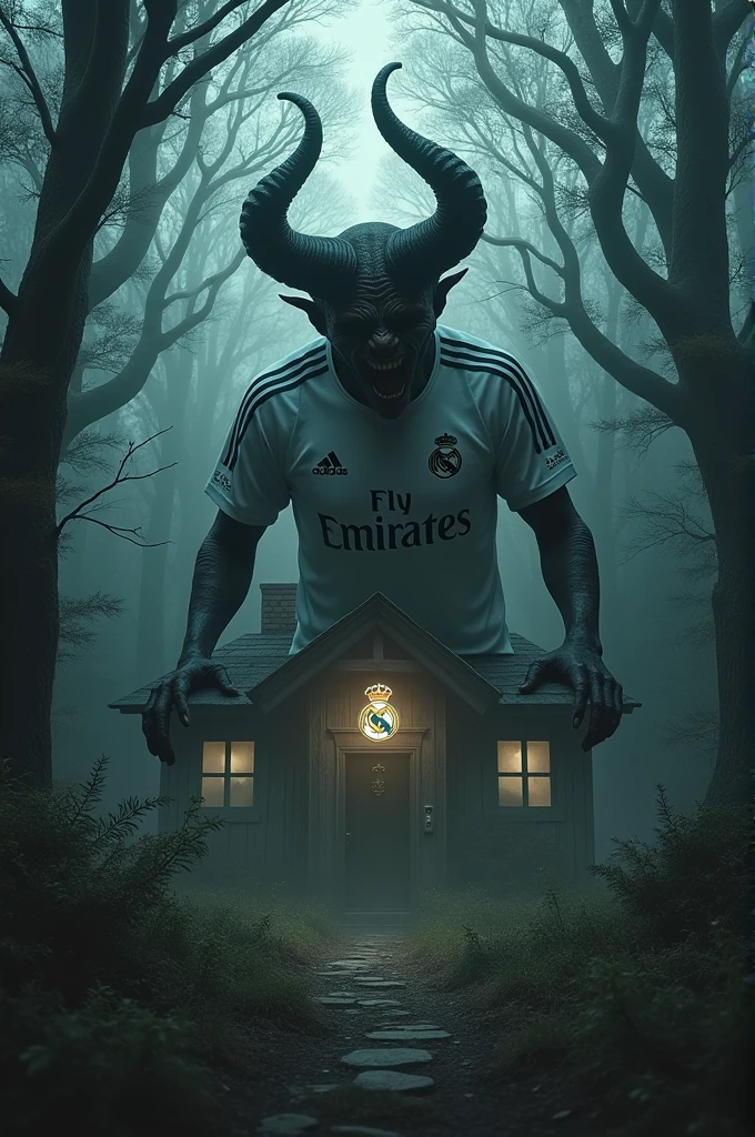an enchanted forest, Very scary and in the center an abandoned house where on the door is the Champions League shield in horror mode and also a super sporty Demon with the Real Madrid shirt, the best outfit ever created by Real Madrid. 