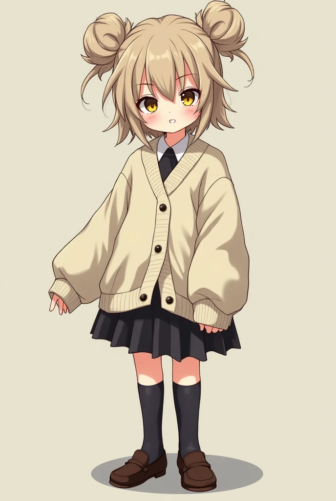 A girl that is 5,2 ft and has ash-blonde hair which is tied into two buns with unruly strands of hair poking out of each. Her eyes are yellow with thin black pupils that somewhat resemble that of a cat and has short fangs and wears Japanese school uniform with an oversized ivory cardigan that covers most of her skirt, and cuffs that cover the palm of her hands. She also wears knee-length black socks and classic Japanese school uniform loafers