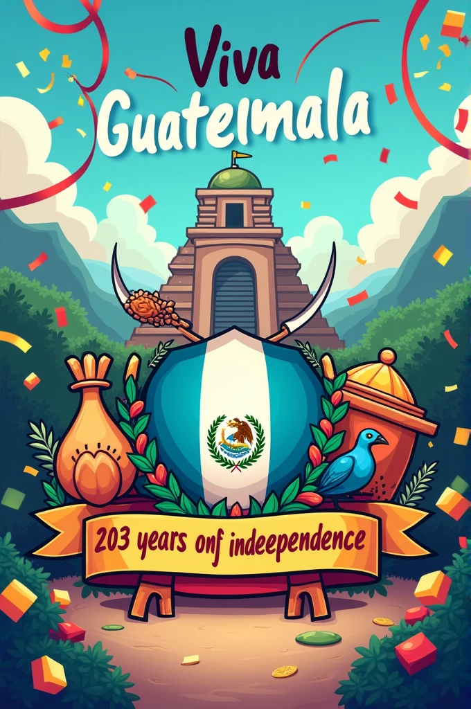 I need a cartoon image about the national symbols of Guatemala, with the word Viva Guatemala 203 years of independence with the background of the arch of Antigua Guatemala and Tikal