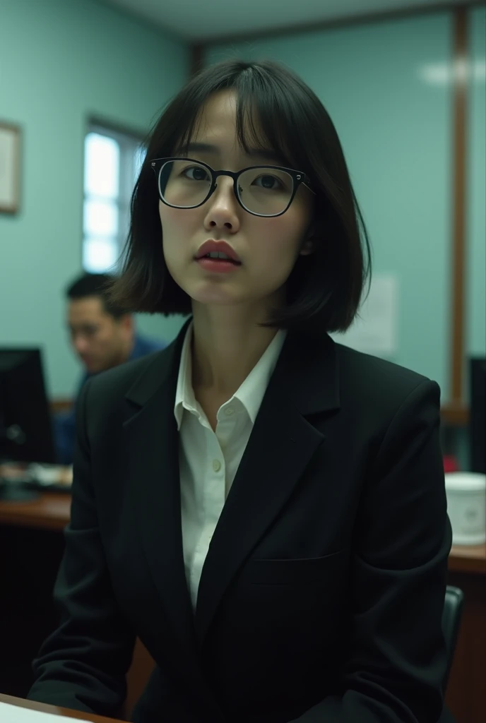 (Realistic) Realistic image (Asian woman), (Slim figure), (short hair), (White skin), (Dark Eyes), wearing (Black suit), sitting in Police Department with a (Serious face), (Wear glasses), capture (Kodak color film style), Featured (Rough texture), Picturesque (Police Department) Under dramatic lighting, Atmospheric, Vibrant colors, Natural light, Emotional atmosphere,No makeup