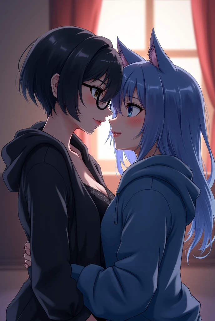 A lesbian couple/anime where one has short black hair, a grayish skin tone, eyes black, Black glasses, dark clothes, and seductive eyes, and the other with long blue hair, Cat's ears, blue colored eyes, blue sweatshirt and be shy