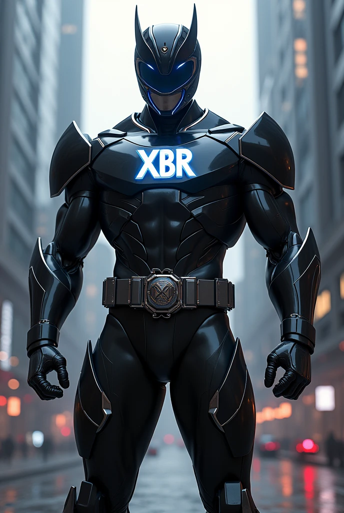 Generate a black power ranger with the acronym Xbr on the chest