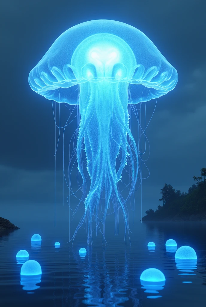 A large blue glowing jellyfish flying above the water.
Glowing water balls fly around the jellyfish.
In the background is an island
