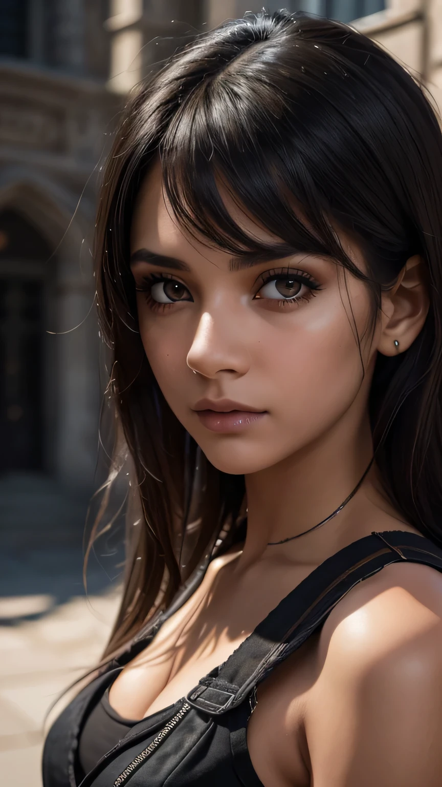 a girl with light brown skin, loose black hair, wearing ripped denim shorts and a long black gothic-style shirt, minimal makeup, carrying a backpack, with a shy expression, standing in front of a university building, (best quality,4k,8k,highres,masterpiece:1.2),ultra-detailed,(realistic,photorealistic,photo-realistic:1.37),detailed eyes,detailed lips,extremely detailed face and eyes,long eyelashes,cinematic lighting,highly detailed background,intricate details,natural colors,moody atmosphere,beautifully lit,realistic portrait,university campus,gothic aesthetic,shy girl