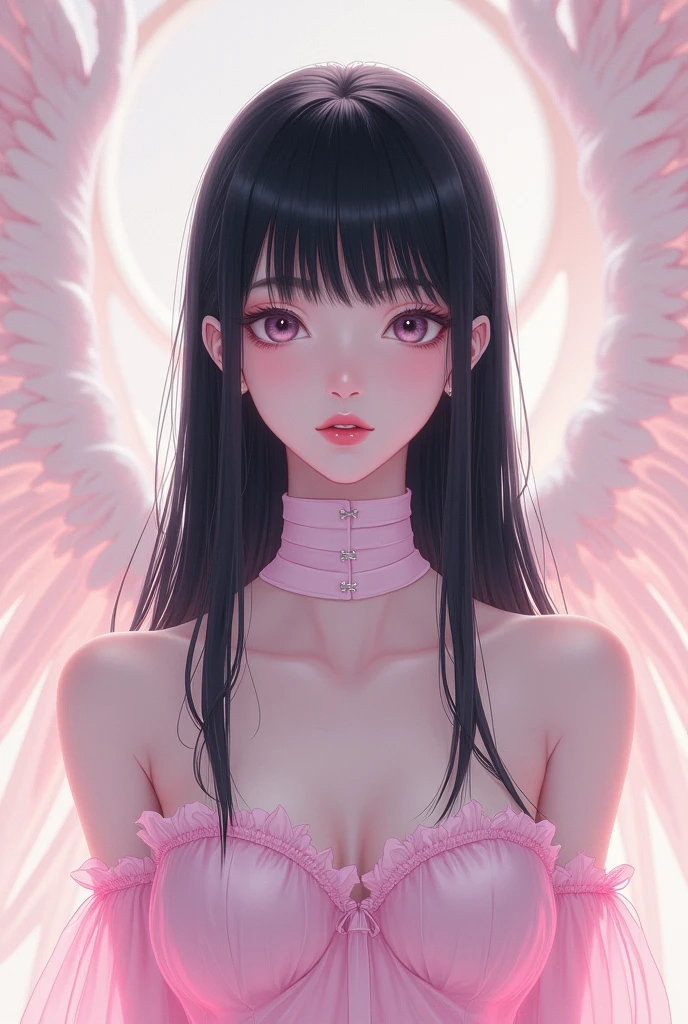 A girl who appears to be 20 years old with characteristics from the anime Diabolik lovers, with long straight black hair, white skin and an angelic appearance and clothes in shades of pastel pink and white..