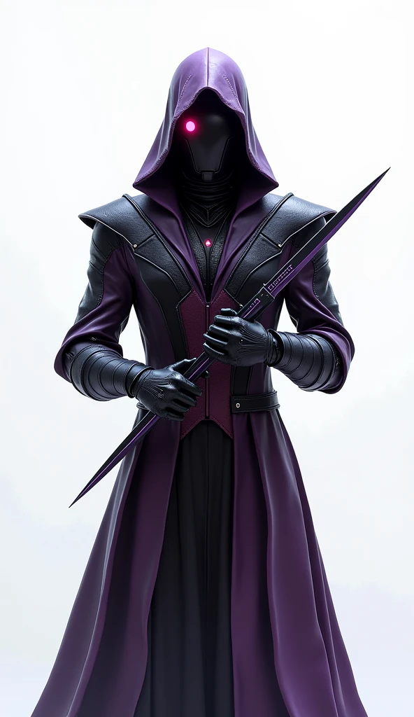 Produce a 4K, hyper-realistic image of a mysterious and elite assassin warrior from the Queen’s army, standing before a white background. This warrior's armor is a blend of deep black and dark purple, with a sleek, aerodynamic design that allows for stealth and agility. The armor is equipped with advanced cloaking technology, and its surface seems to ripple like water, blending into the background. The warrior's helmet is minimalist, with a single, piercing red eye that glows ominously. He wields dual energy daggers, crossed over his chest in a defensive stance. Emphasize the stealthy, almost spectral quality of the armor, the menacing red eye, and the warrior’s poised, deadly stance.
