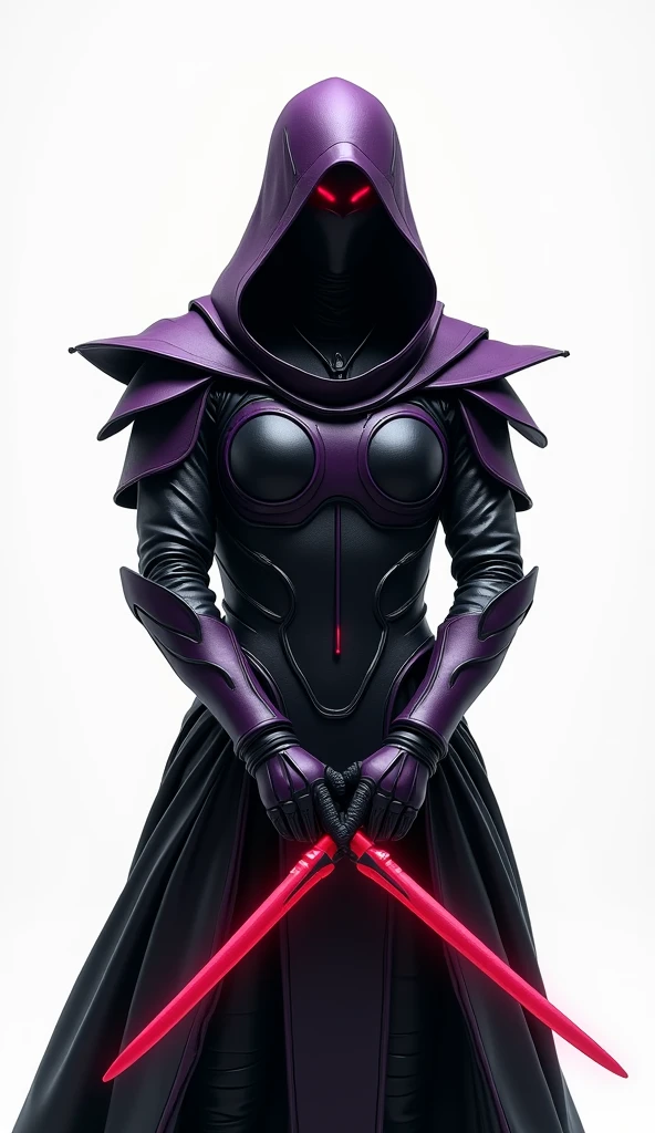 Produce a 4K, hyper-realistic image of a mysterious and elite assassin warrior from the Queen’s army, standing before a white background. This warrior's armor is a blend of deep black and dark purple, with a sleek, aerodynamic design that allows for stealth and agility. The armor is equipped with advanced cloaking technology, and its surface seems to ripple like water, blending into the background. The warrior's helmet is minimalist, with a single, piercing red eye that glows ominously. He wields dual energy daggers, crossed over his chest in a defensive stance. Emphasize the stealthy, almost spectral quality of the armor, the menacing red eye, and the warrior’s poised, deadly stance.
