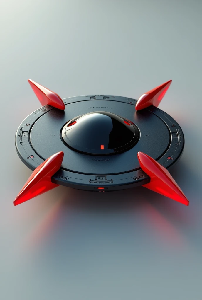 Flying machine, round and flat black, with 4 red, horizontal cone-shaped spikes, 3D