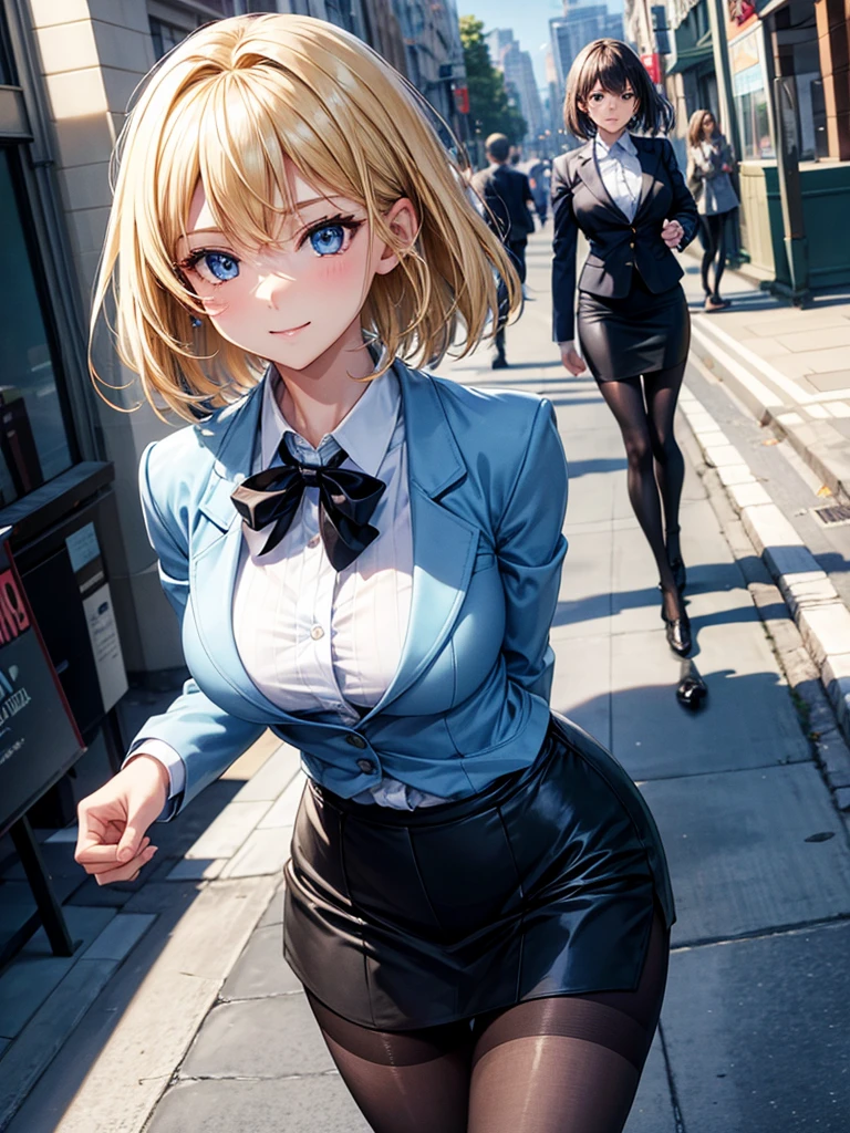 Anime style, super fine illustration, highly detailed, beautiful detailed, perfect detailed, super high quality image, static representation, gentle expression, happy expression, the pretty image, super stylish, 8k, beautiful face, pretty 1girl with blonde straight short hair & blue eyes & a bright smile & full bust & soft fair skin is a career woman supervisor who is not to show her skin wearing big light blue business shirt & black summer tailored jacket & black tight skirt & black pantyhose on the urban business buildings street, in the morning, solo, perfect fingers, no more fingers, no less fingers, perfect arms, no more arms, perfect legs, no more legs, no more hair, masterpiece.