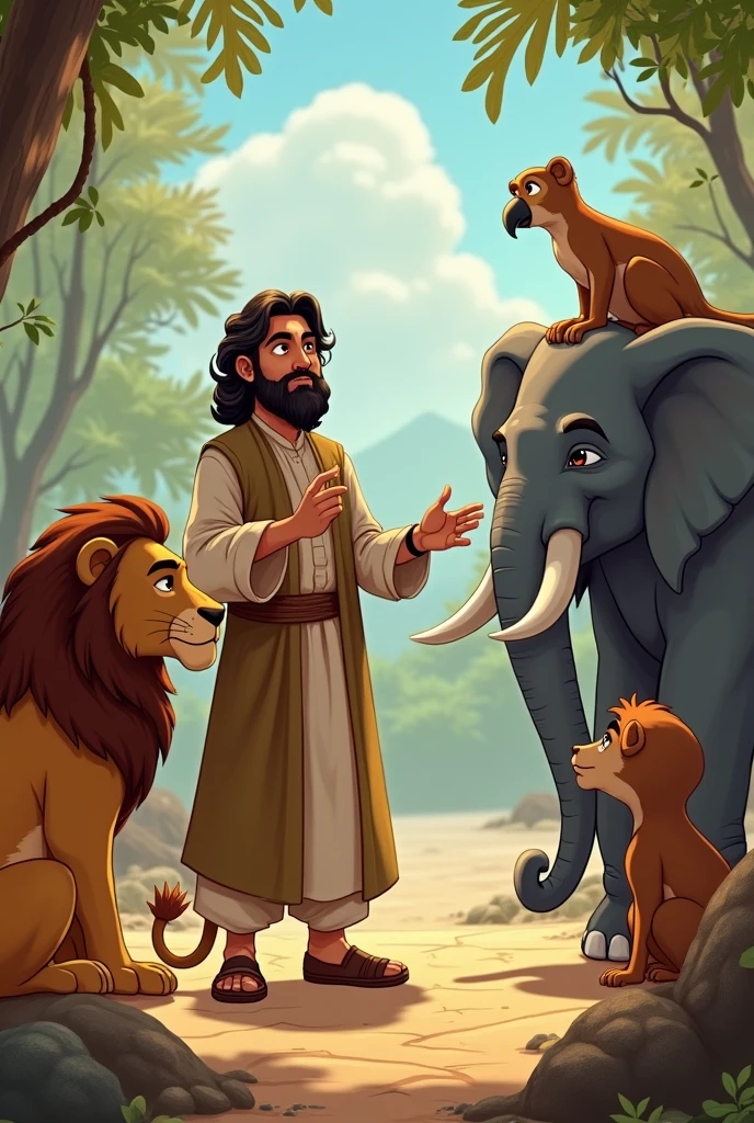 Man and his animals are gathered together in front of the hut, looking concerned. Hamza is speaking to the animals, his hands gesturing towards the dry, cracked ground. Sheru, the lion, is listening attentively, with a serious expression. Chinku, the monkey, is sitting cross-legged on a rock, nodding in agreement. Raju, the elephant, is standing with his trunk raised, looking alert. Mithu, the parrot, is perched on Hamza’s shoulder, with its head tilted, listening. The jungle around them appears drier, with fewer leaves on the trees and wilting plants.
Setting Out on the Journey: