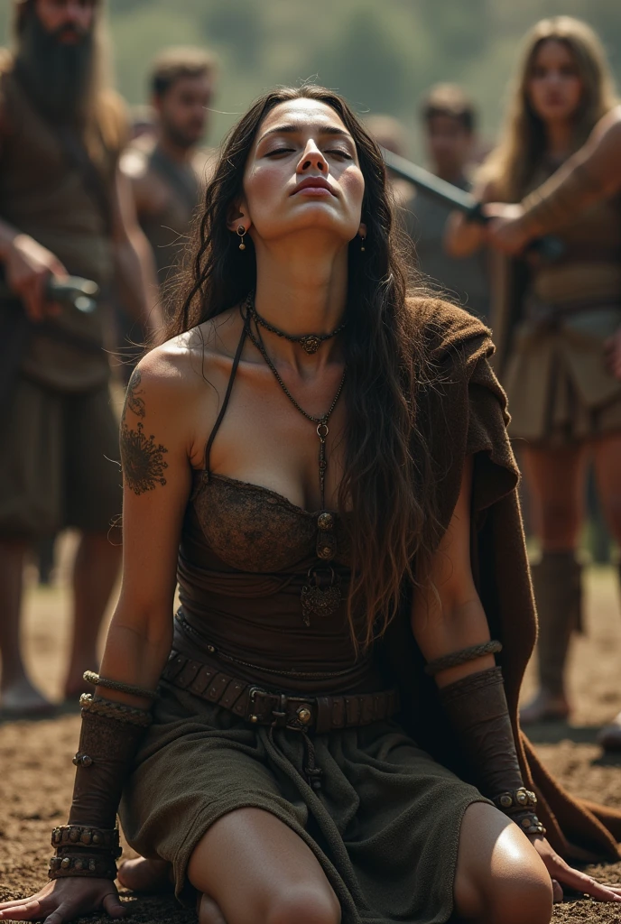 Realism, super quality, action photography style, a defeated woman kneels, her son holds the tip of his sword to the woman's throat, knife stab in the throat, Her head is thrown back strongly.., the woman has a large manly Adam's apple, (woman - 30 year old warrior, throat slashed, Womans face, gothic makeup, pale skin, long hair) (son is 12 ) The ancient Greece