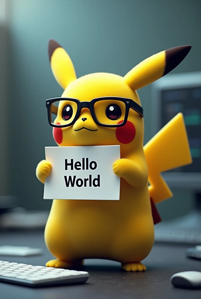 A programmer pikachu, with glasses and a piece of code that says Hello world