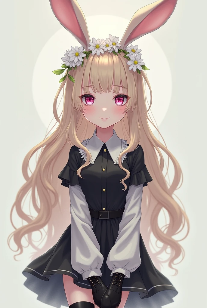 A adult he is a woman blonde hair white flowers in his hair rabbit headband a black white shirt and black boots and pink eyes no green