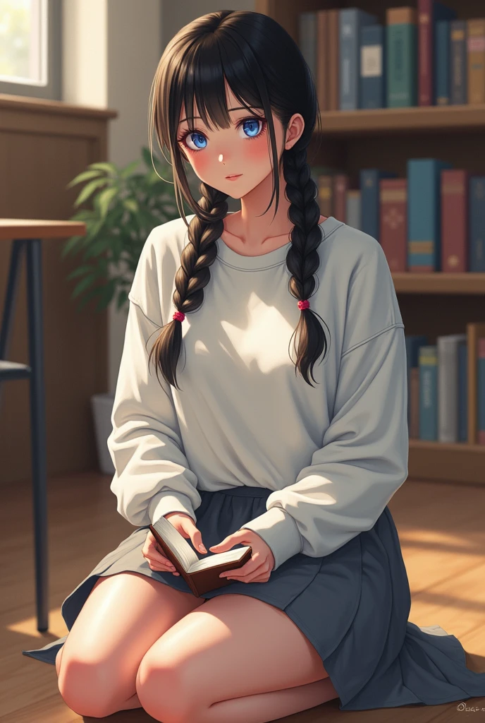 Realistic drawing of a 1 young woman, extremely beautiful, dark brown hair tied in two braids, very blue eyes, with a white sweatshirt and a grey skirt, in a school library, with a book in hand, sitting on the floor, realistic drawing