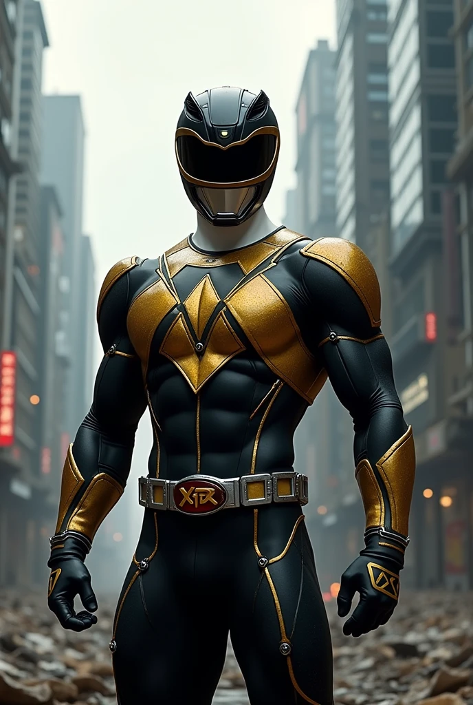 Generate a black power ranger with the acronym Xbr on the chest Realistic
